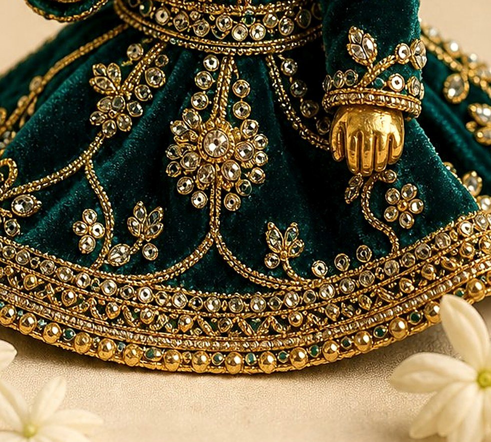 Gold zardozi embroidery and crystals on deep teal velvet