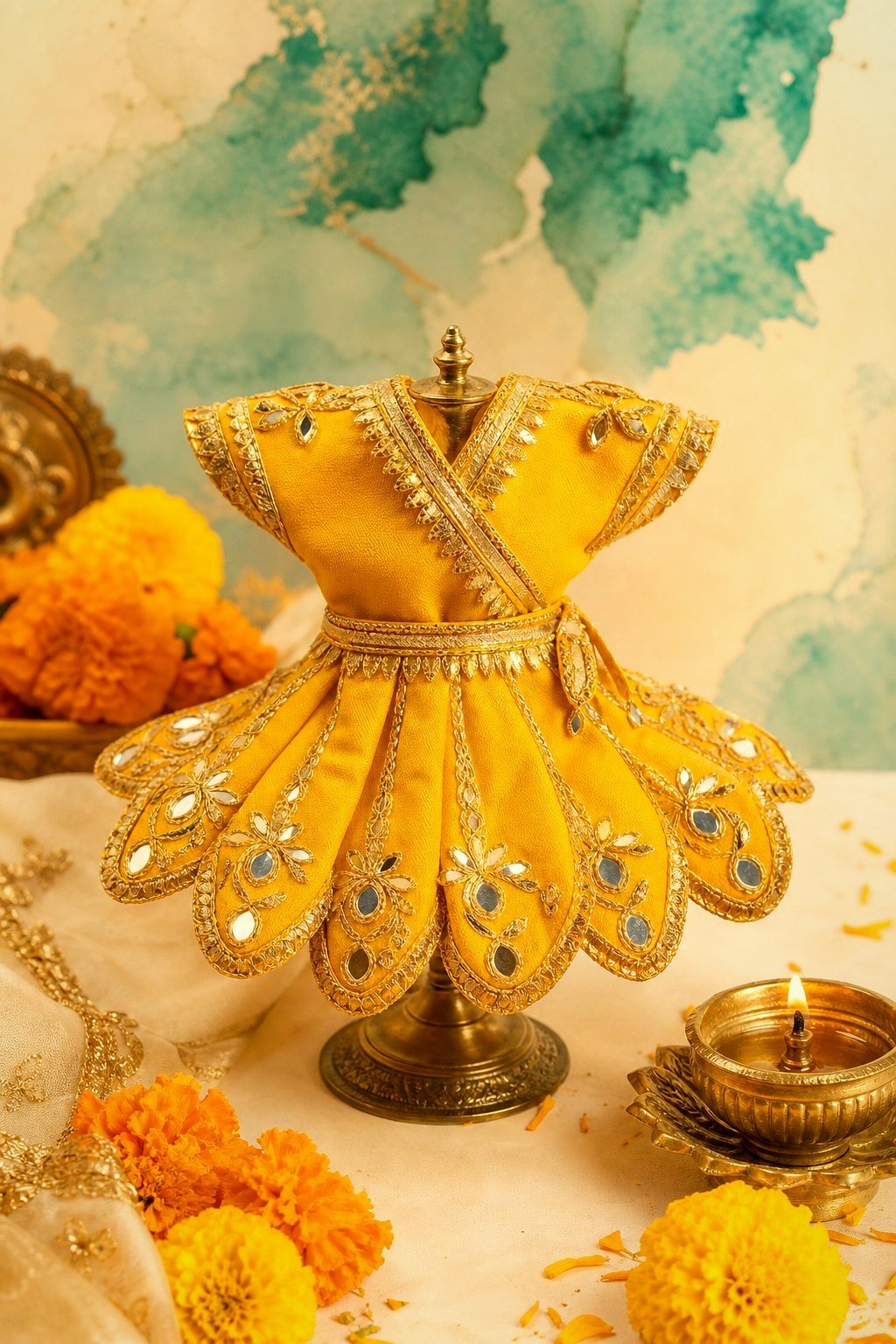Marigold and gold festive Laddu Gopal poshak beside marigolds and a diya