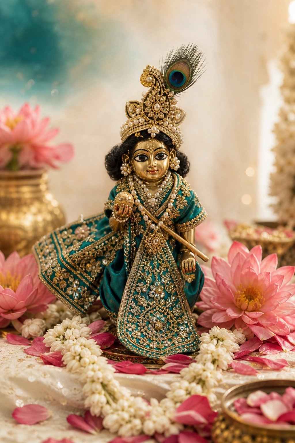 Laddu Gopal in a handcrafted emerald-teal poshak with gold embroidery and peacock feather