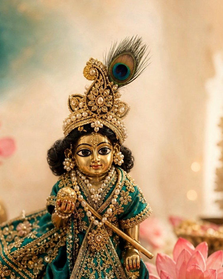 Laddu Gopal dressed in an emerald and gold poshak among lotus flowers