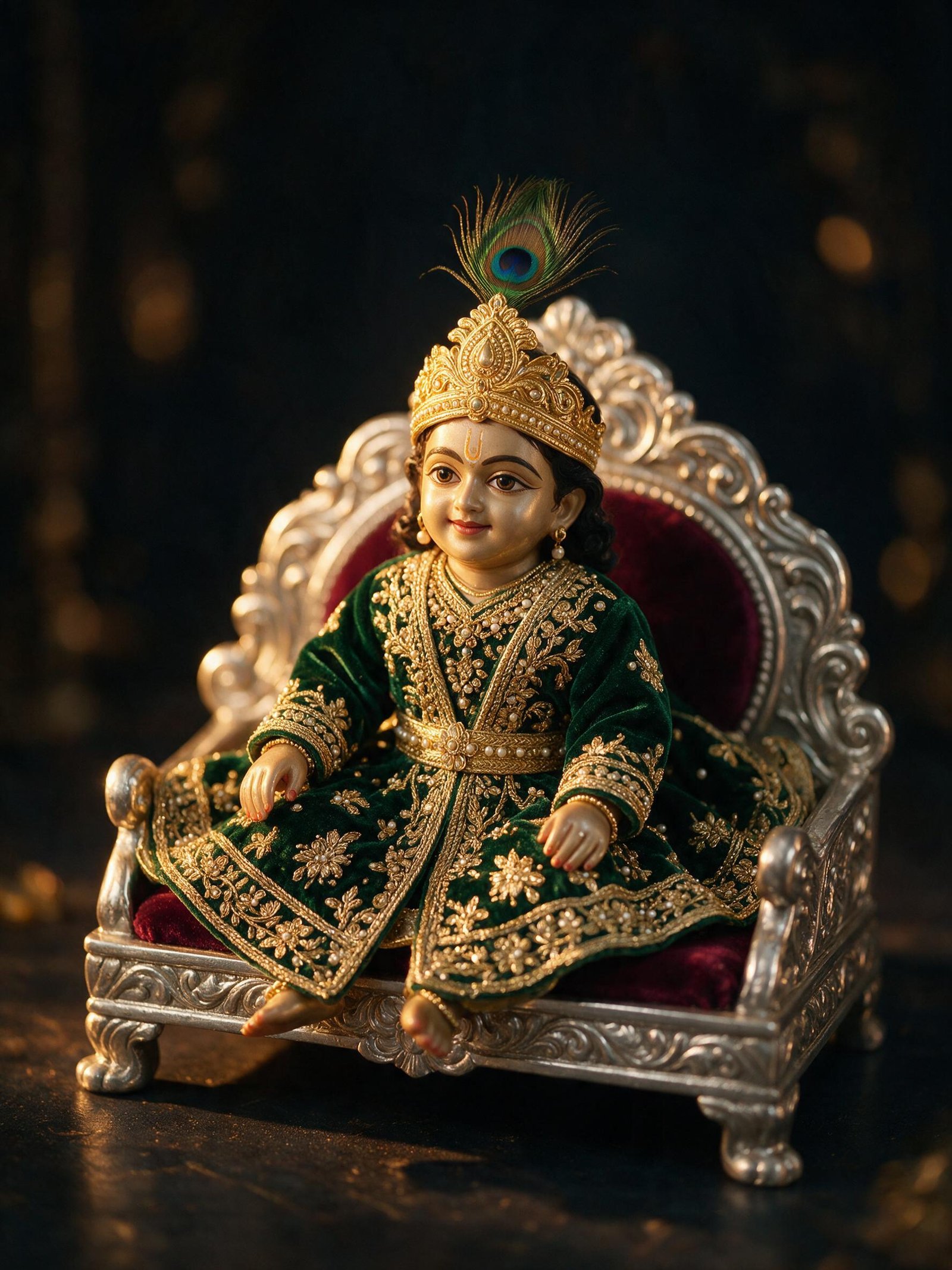 Laddu Gopal in majestic emerald and gold poshak