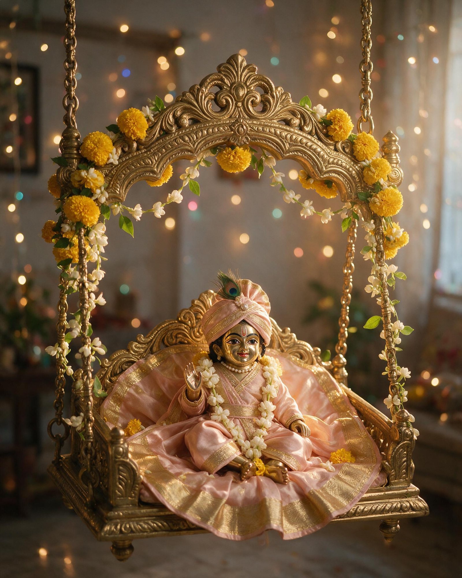 Kanha in decorated golden palna